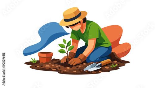 Gardener planting a small tree in the soil wearing gloves and hat.