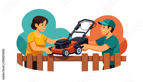 Man and woman with lawnmower in garden.
