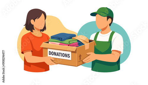 Woman gives donation box filled with clothes to volunteer worker.