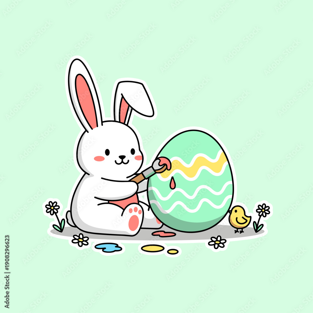 Fototapeta premium Cute Bunny Painting Easter Egg Flat Vector Illustration