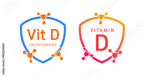 Vitamin D shield icon collection for product label design. Secosteroids molecule form simple line. Isolated on a white background. Medical symbol concept. Vector EPS10 illustration.