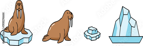 Walrus Vector Illustration Set with Brown Walrus Sitting on Ice Floe Large Arctic Iceberg and Small Ice Chunks Collection
