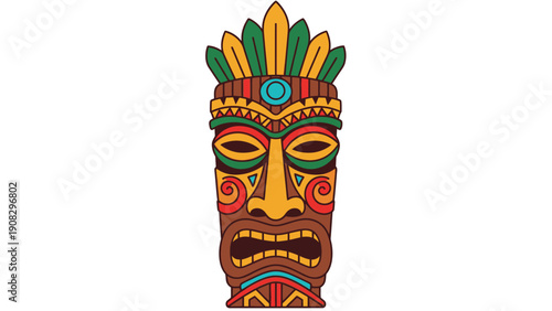 Colorful Tiki Mask with Feather Headdress - Tribal Art Decoration