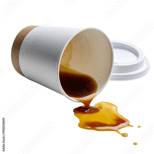 Spilled coffee from white and kraft paper cup with lid, dark brown liquid mess on white background, isolated on white