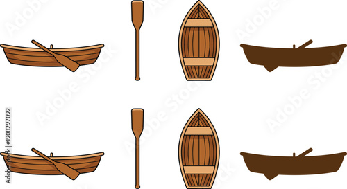 Wooden Rowboat Vector Illustration Set with Small Fishing Boat Single Oar Top View Perspective and Dark Brown Silhouette