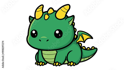 Cute Green Baby Dragon Cartoon Character, Adorable Fantasy Creature