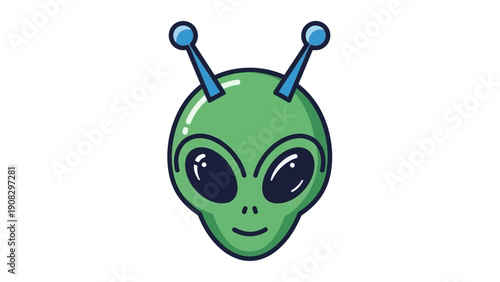 Cute Green Alien Head with Antennae, Cartoon Style