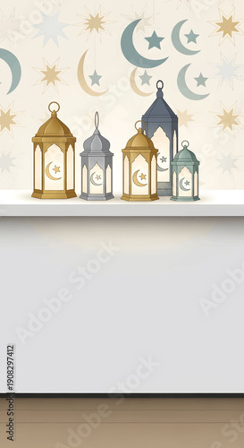 Illustration of lanterns on shelf with celestial bodies in the background