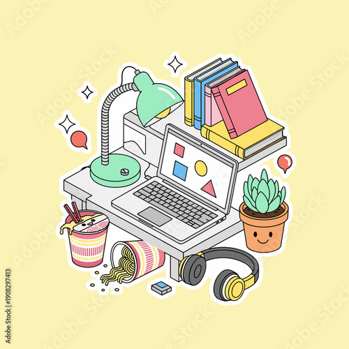 Flat Vector Student Dorm Desk Icon Scene