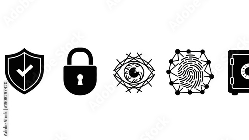 Cybersecurity Icons: Shield, Padlock, Eye, Fingerprint, Safe - Digital Security Concept