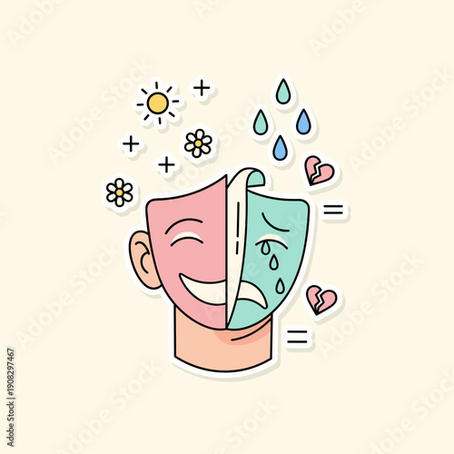 Flat Vector Illustration of Duality and Emotional Masks