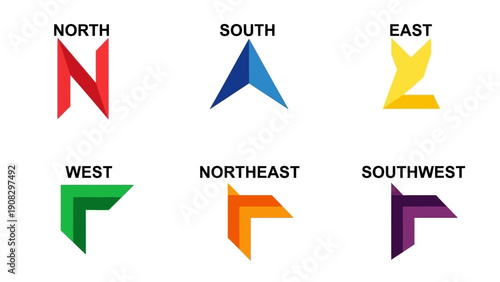 Directional Arrows and Cardinal Points Icons: North, South, East, West, Northeast, Southwest