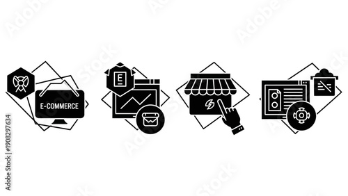 E-commerce Icons: Online Shopping, Analytics, Storefront, and Digital Marketing Concepts