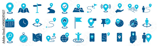Solid location and navigation icons set, map pins gps routes compass direction and travel interface symbols vector on transparent background