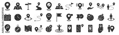 Solid location and navigation icons set, map pins gps routes compass direction and travel interface symbols vector on transparent background