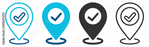 Verified location pin icons set, map marker with check symbol for gps navigation and destination confirmation vector on transparent background