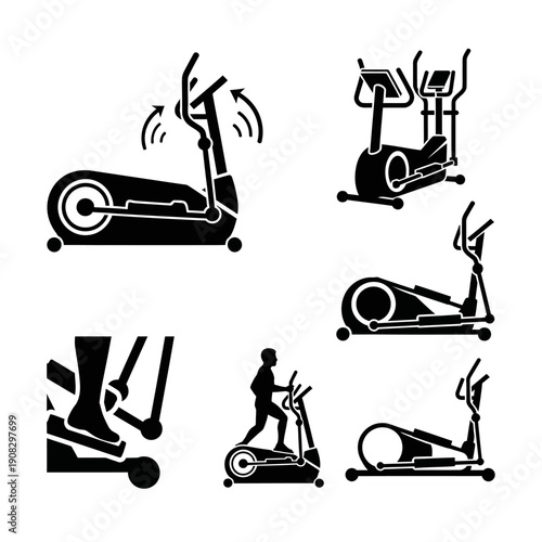 Elliptical Trainer Icons: Exercise Machine Set, Fitness Equipment Illustrations