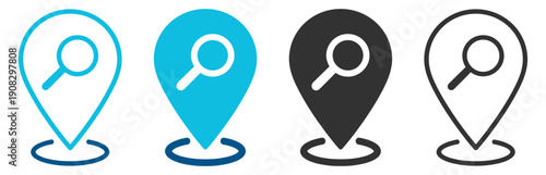 Location pin with search icon set, map navigation and gps geolocation find symbols on transparent background