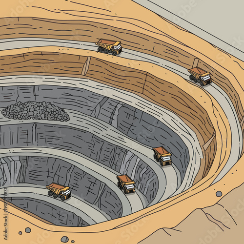 Underground Mine with Trucks Hauling Minerals in a Large Open Pit.