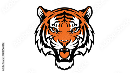 Fierce Tiger Head Roaring Aggressively, Wild Cat Mascot Logo, Intense Eyes, Black and Orange Stripes