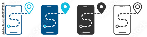 Mobile navigation route map icon vector with location pin and path on transparent background