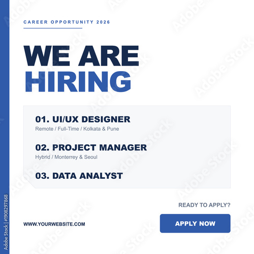 We Are Hiring vector job vacancy template for social media, blue and white recruitment announcement, career opportunity poster
