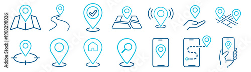 Location and navigation solid icons set, map pins gps routes direction and travel interface symbols vector on transparent background
