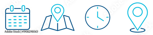 Time and navigation icon set vector with calendar clock and map pin on transparent background