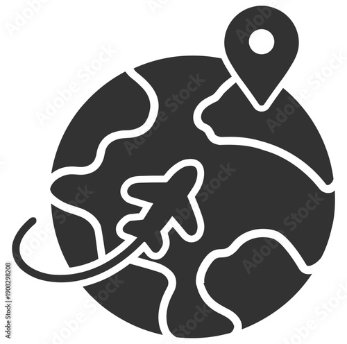 Global travel map with airplane route and location pin, world navigation vecto