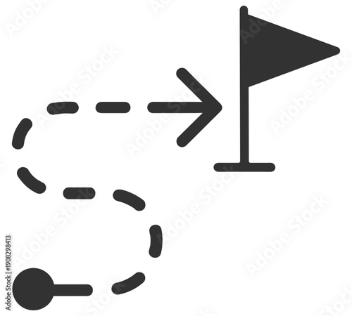 Route navigation icon with arrow path leading to destination flag, travel direction vector illustration on transparent background