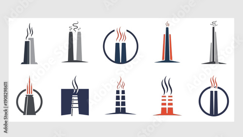 Industrial Chimneys Icons Set, Factory Smoke Stacks Vector Graphics