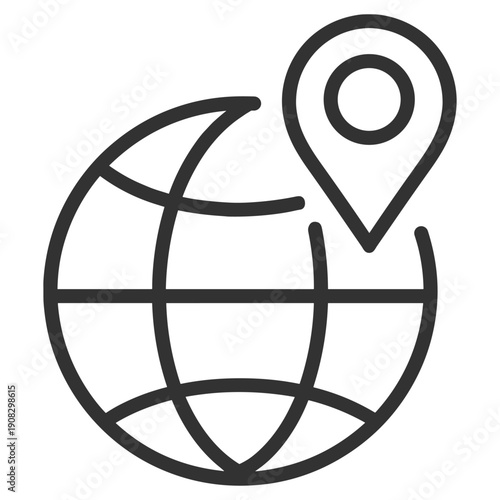 World globe with location pin marker for global navigation and GPS mapping, vector icon on transparent background