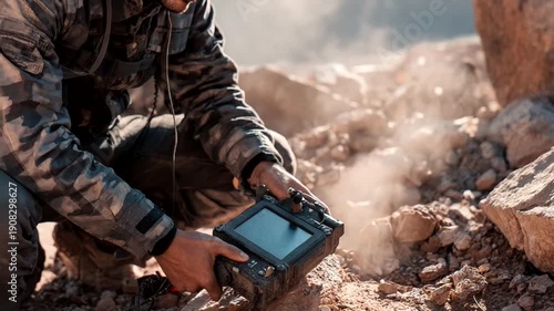 Soldier Using Rugged Tablet in Desert Terrain.