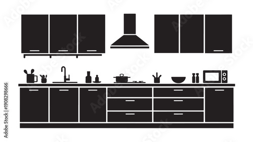 Modern kitchen silhouette with black cabinets and kitchenware in minimalist design for home decor illustration