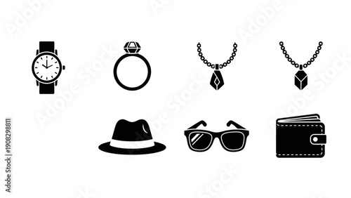 Luxury Accessories Icons: Watch, Ring, Necklaces, Hat, Sunglasses, Wallet