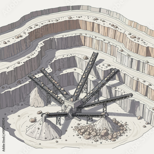 Open-pit mine excavation with machinery and layered terrain.