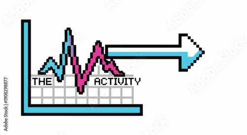 Pixel art graph showing fluctuating activity with a directional arrow indicating progress and growth
