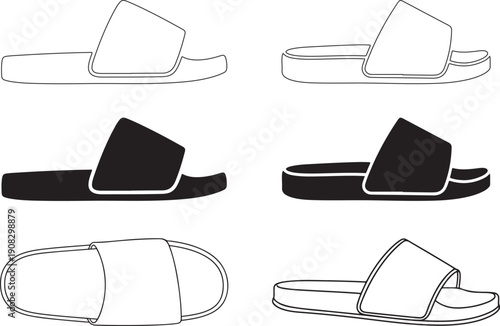 Selection of slide sandals and beach footwear icons featuring casual summer shoe silhouettes in minimalist black and white art