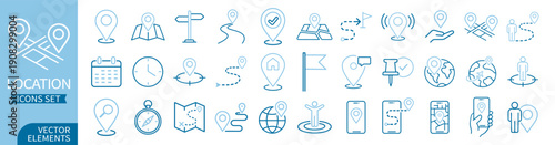 Outline location and navigation icons set with map pins, routes, GPS markers, and travel symbols on transparent background