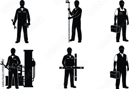 Construction worker silhouettes set, industrial tools equipment, engineer measuring level, technician toolbox, isolated black figures, white background illustration