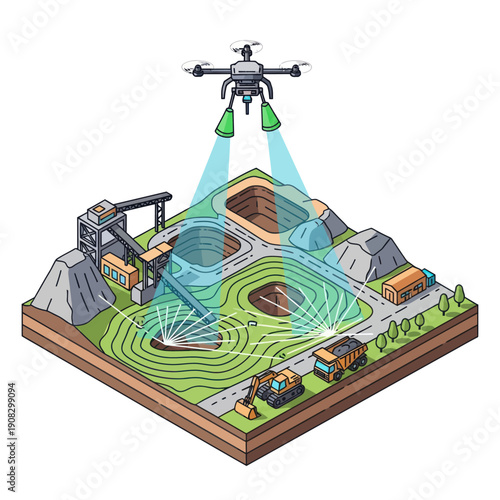 Drone Monitoring Construction Site with Topographic Map.