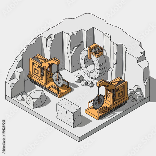 3D illustration of mining machinery in an underground quarry.