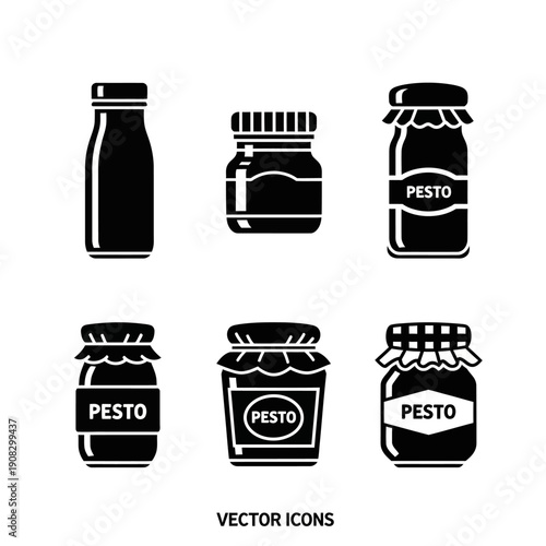 Pesto Jars Icons Set, Vector Collection of Food Containers