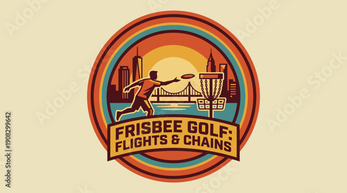 Frisbee Golf Flights and Chains Iconic Cityscape and Sunset Disc Sport Logo