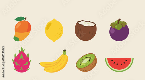 Tropical fruit collection set with mango lemon coconut mangosteen dragon fruit banana kiwi and watermelon slice isolated on warm cream background