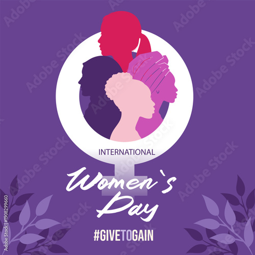International Womens Day 2026 banner template. Hashtag give to gain. Female silhouettes on purple background.