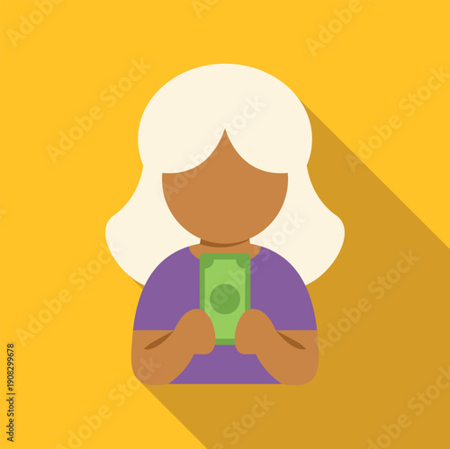 Woman holding a banknote on a yellow background with long shadow
