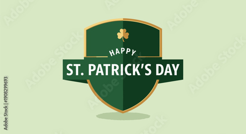Green shield with 'Happy St. Patrick's Day' text and shamrock on light green background, isolated on transparent background