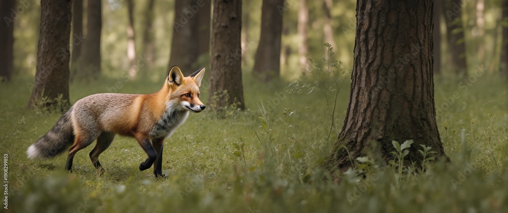 Fototapeta premium A fox in the woods, stealthy, natural habitat