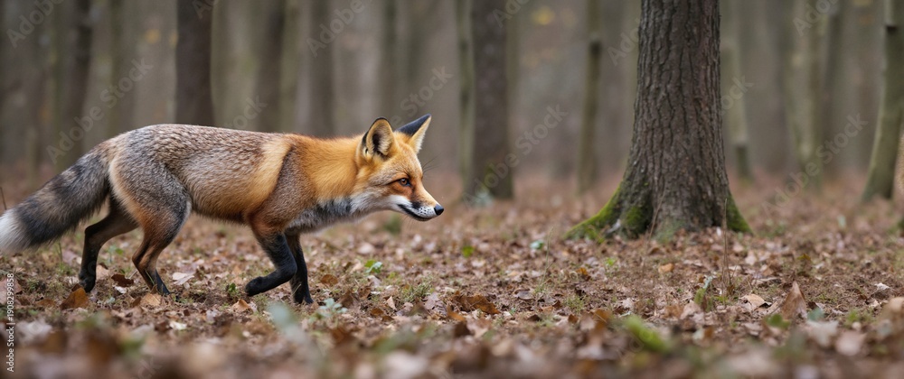 Fototapeta premium A fox in the woods, stealthy, natural habitat